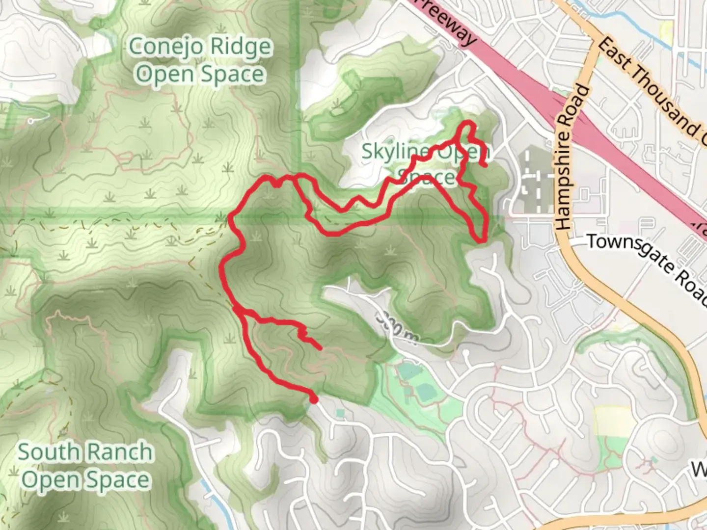 An image depicting the trail Los Robles and Fairview Loop Trail and its surrounding area.
