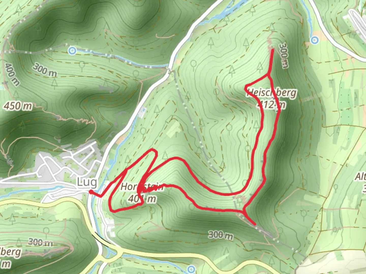 An image depicting the trail Hornstein and Heischberg Loop - Lug and its surrounding area.
