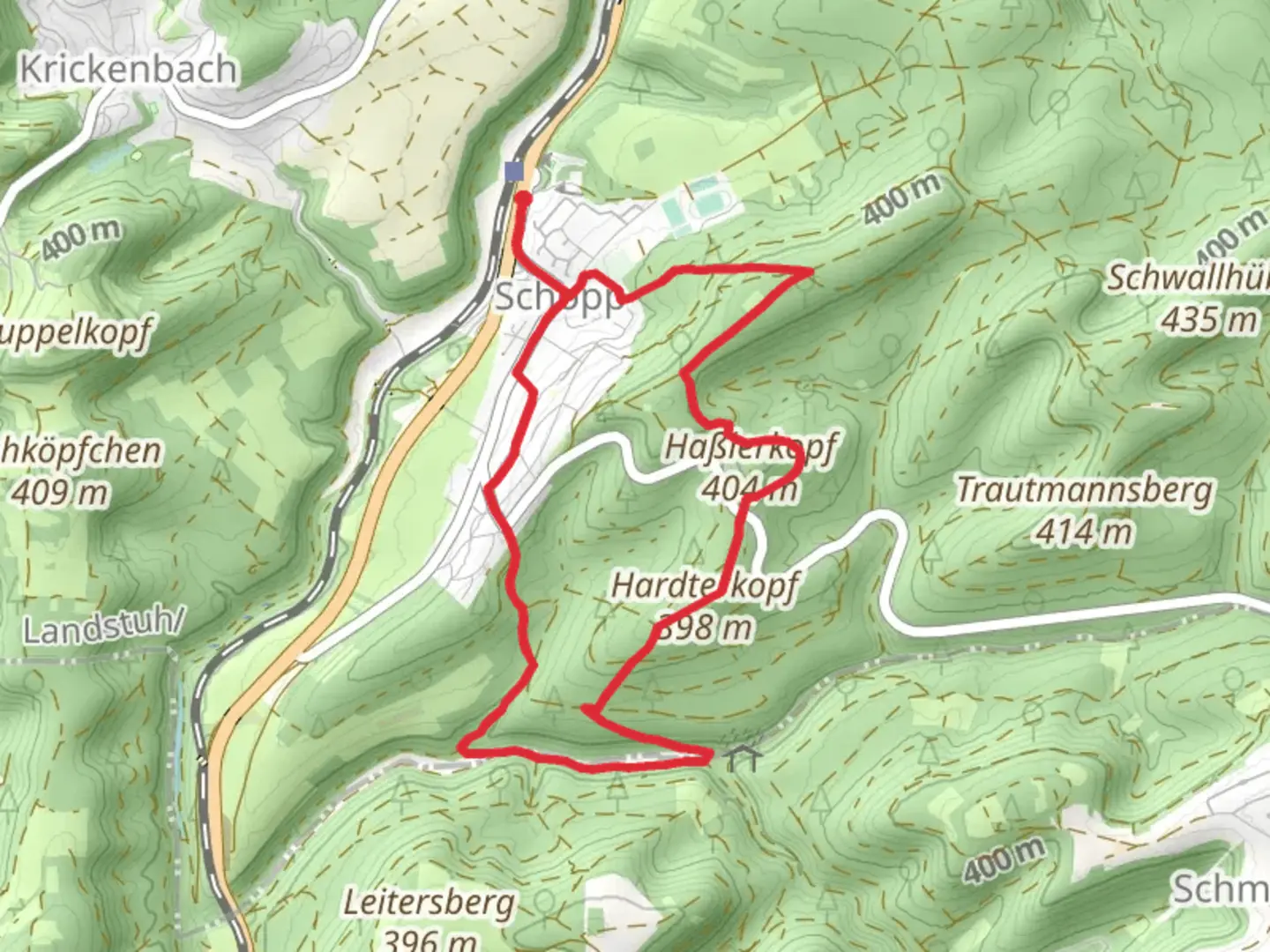 An image depicting the trail Haßlerkopf and Hardterkopf Loop via Schopp and its surrounding area.