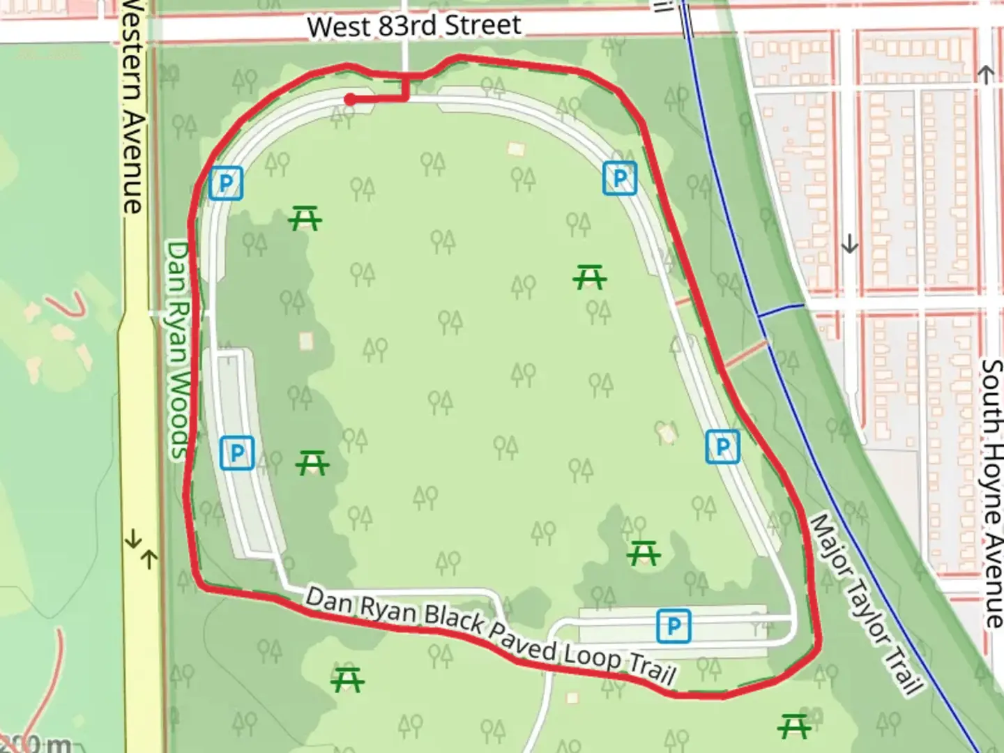 An image depicting the trail Dan Ryan Black Paved Loop Trail and its surrounding area.