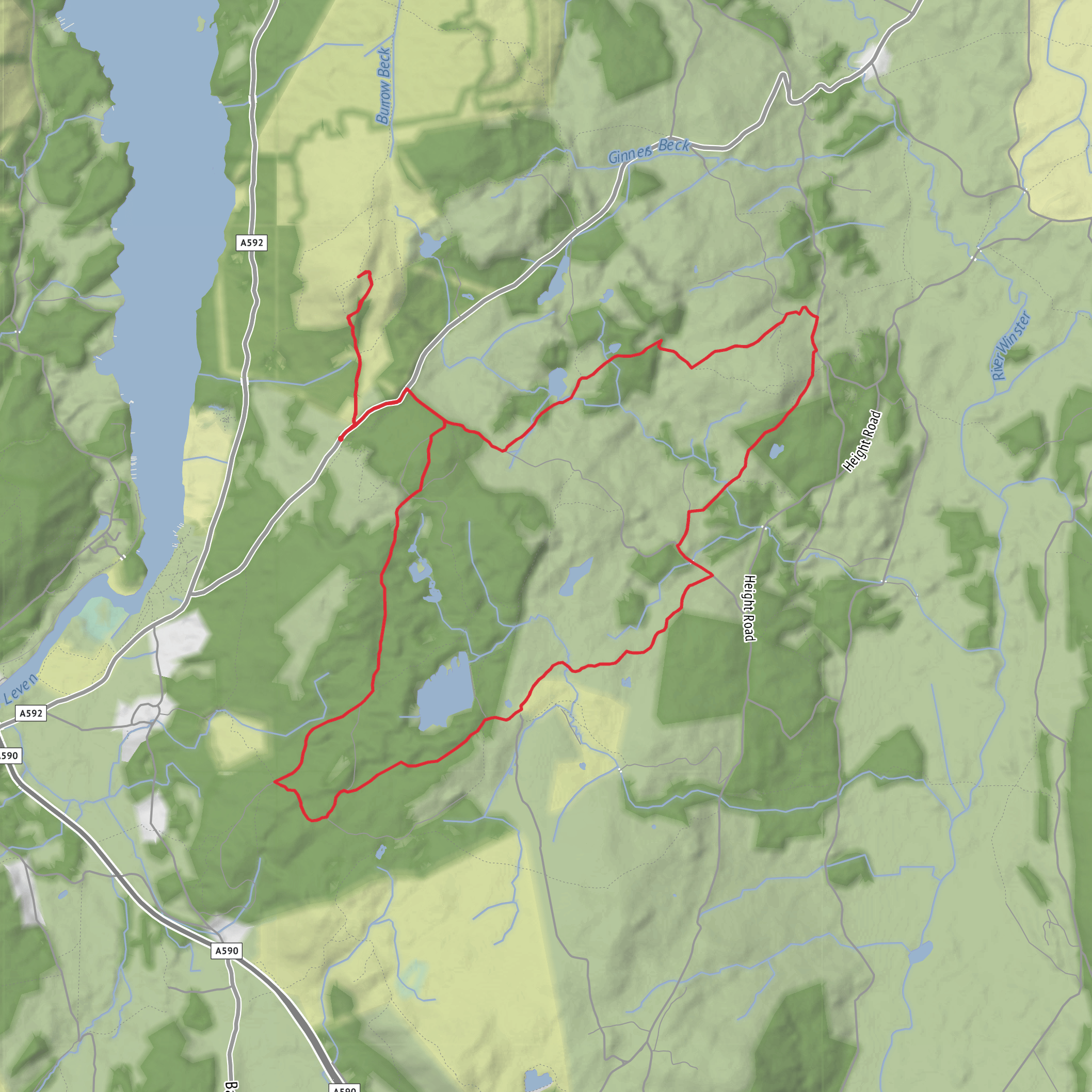 Simpson's Ground Reservoir, Cartmel Fell, Sow How Tarn and Gummer's How from Astley's Plantation mobile static map