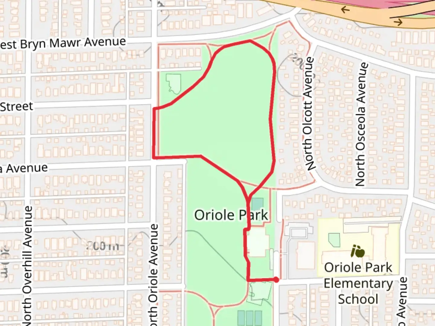 An image depicting the trail Oriole Park Loop and its surrounding area.