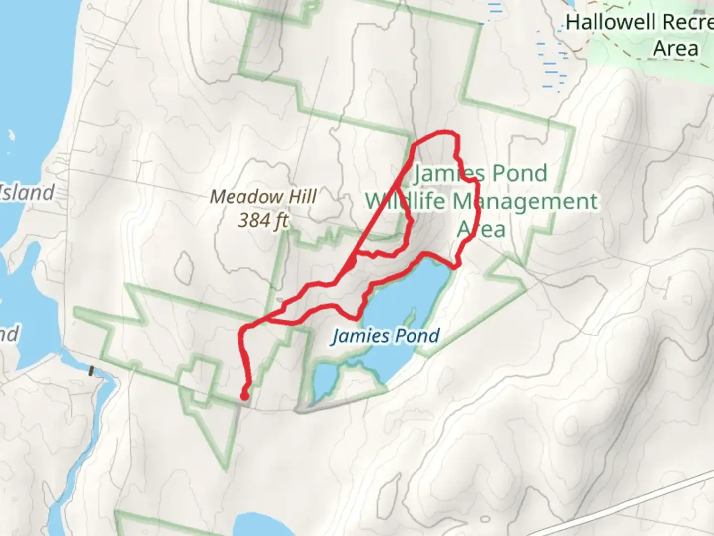 An image depicting the trail Jamies Pond from Collins Road and its surrounding area.