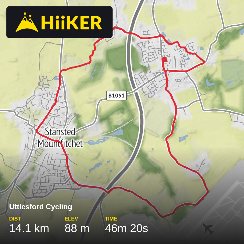 A map preview of the recording Uttlesford Cycling.