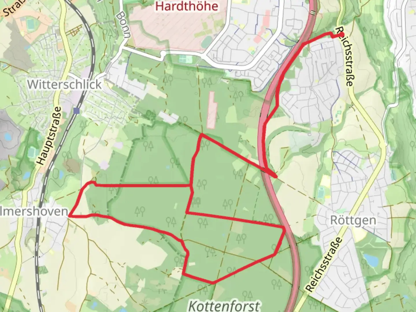 An image depicting the trail Uckesdorf and Bruser Berg Loop and its surrounding area.
