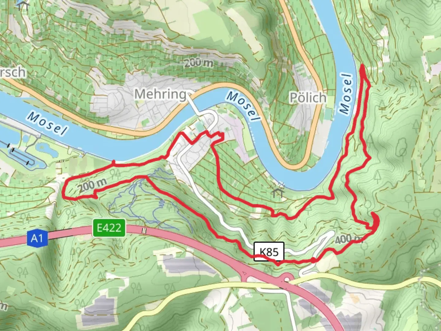 An image depicting the trail Wassertretbecken Mehring and Aussichtspunkt Felsenkreuzkanzet via Moselsteig and its surrounding area.