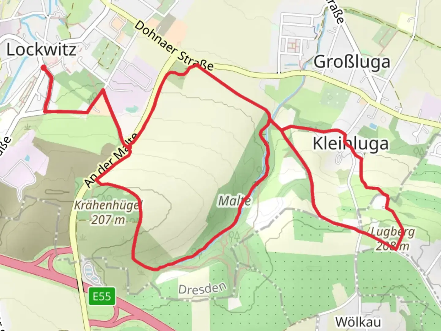 An image depicting the trail Malte and Lugberg Loop via Am Krähenhügel and its surrounding area.