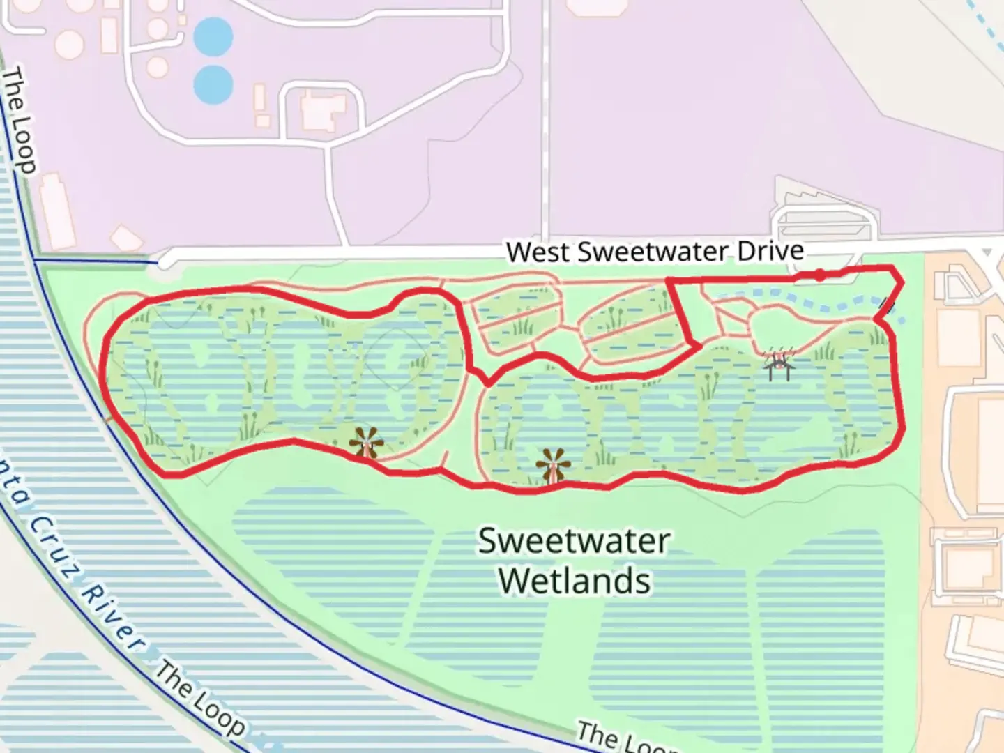 An image depicting the trail Sweetwater Wetlands Loop and its surrounding area.