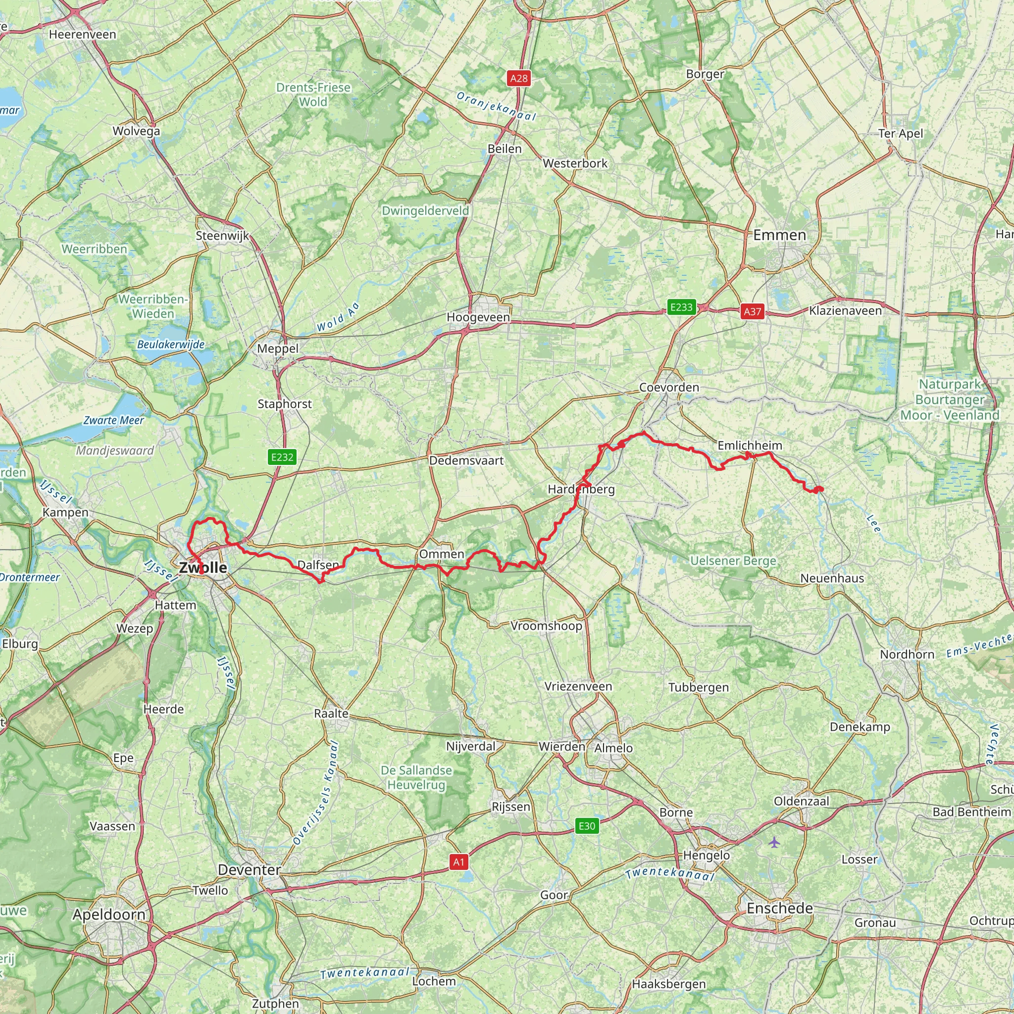Hoogstede to Zwolle via J.C. Ketterlaan, Rheezerweg, Stuwepad and Holtenbroekerdijk mobile static map