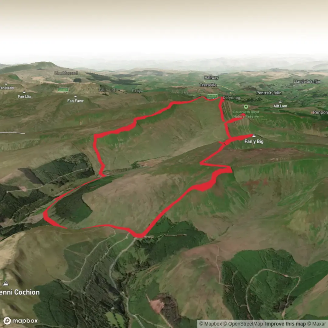 An image depicting the trail The High Peaks of the Brecon Beacons from Tal Fechan Forest and its surrounding area.