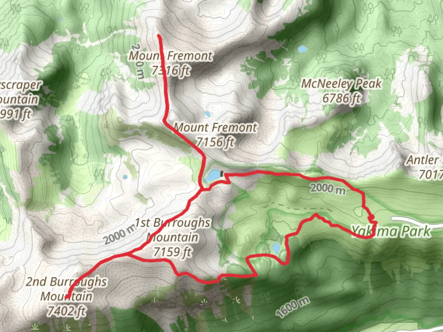 An image depicting the trail Frozen Lake, Mount Fremont and 2nd Burroughs Mountain Loop and its surrounding area.