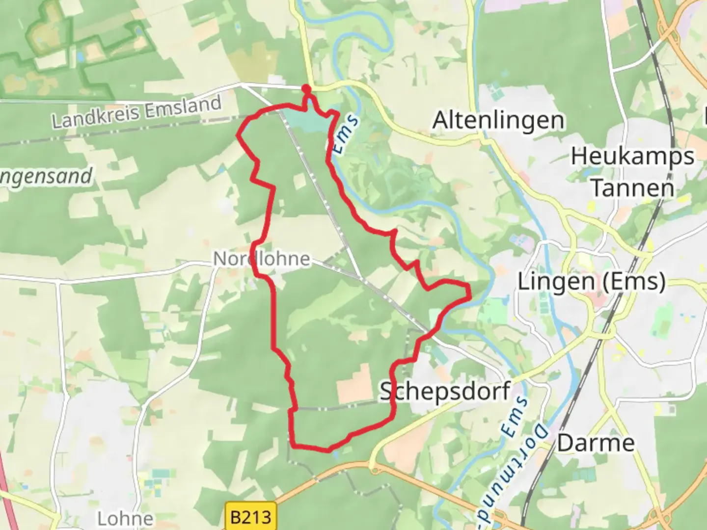 An image depicting the trail Nordlohne and Rheitlage Loop and its surrounding area.