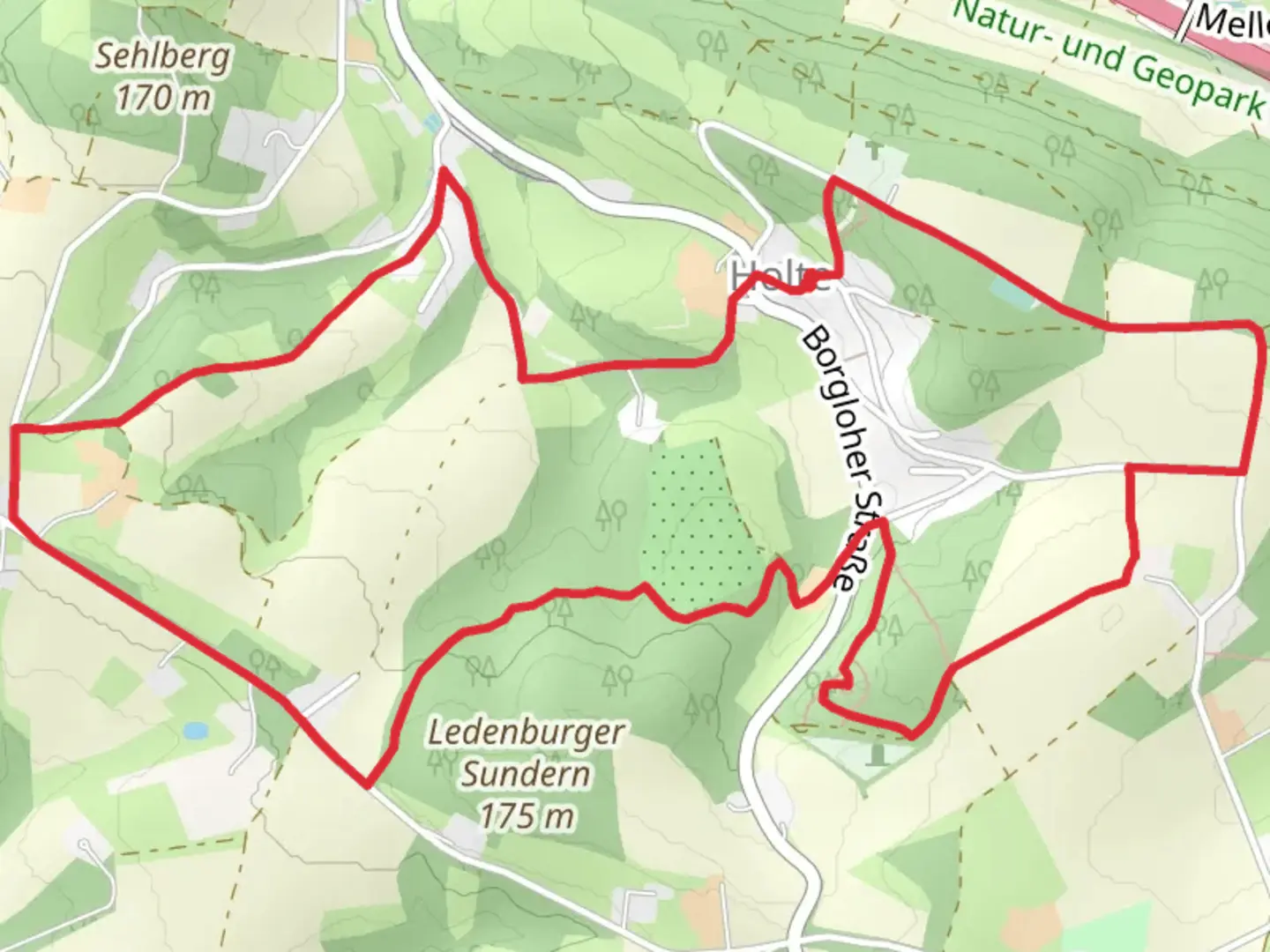 An image depicting the trail Rund um dir Holter Burg and its surrounding area.