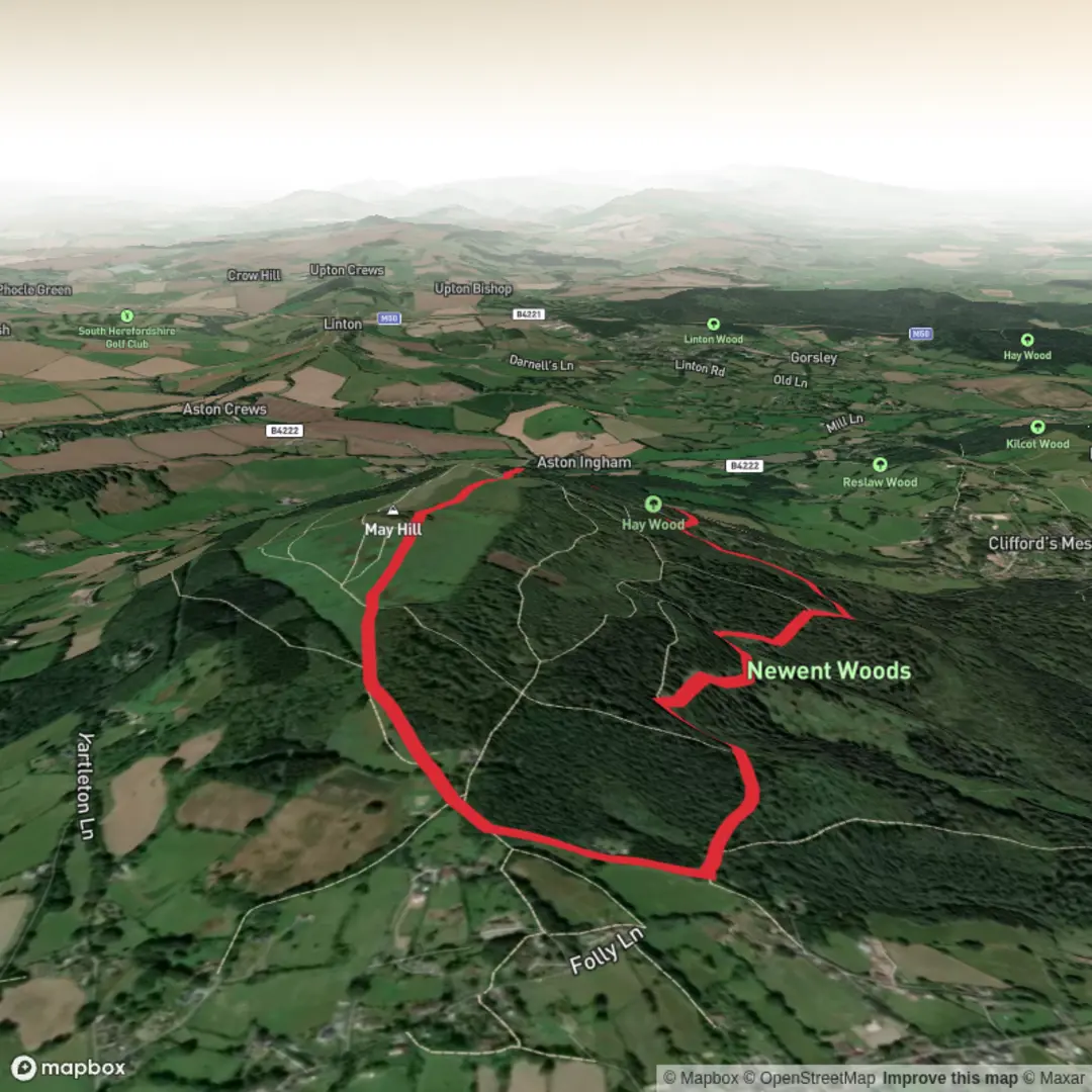 An image depicting the trail May Hill, Newent Woods and Hay Wood Loop and its surrounding area.