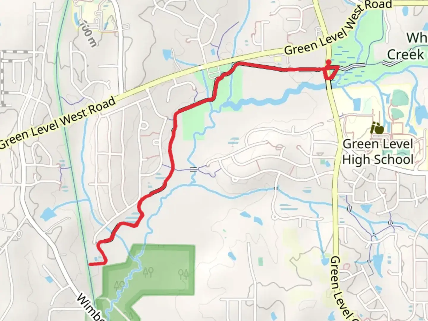 An image depicting the trail White Oak Creek Greenway - White Oak Creek Greenway Connector Green Level Church Road and its surrounding area.