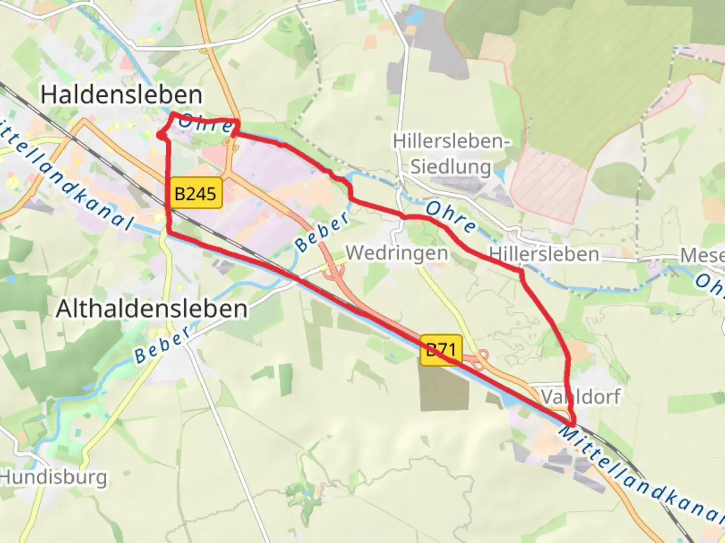 An image depicting the trail Haldensleben and Wedringen Loop and its surrounding area.