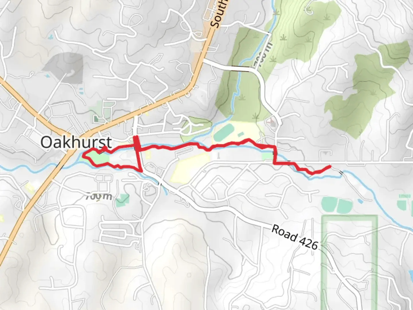 An image depicting the trail Oakhurst River Parkway and its surrounding area.