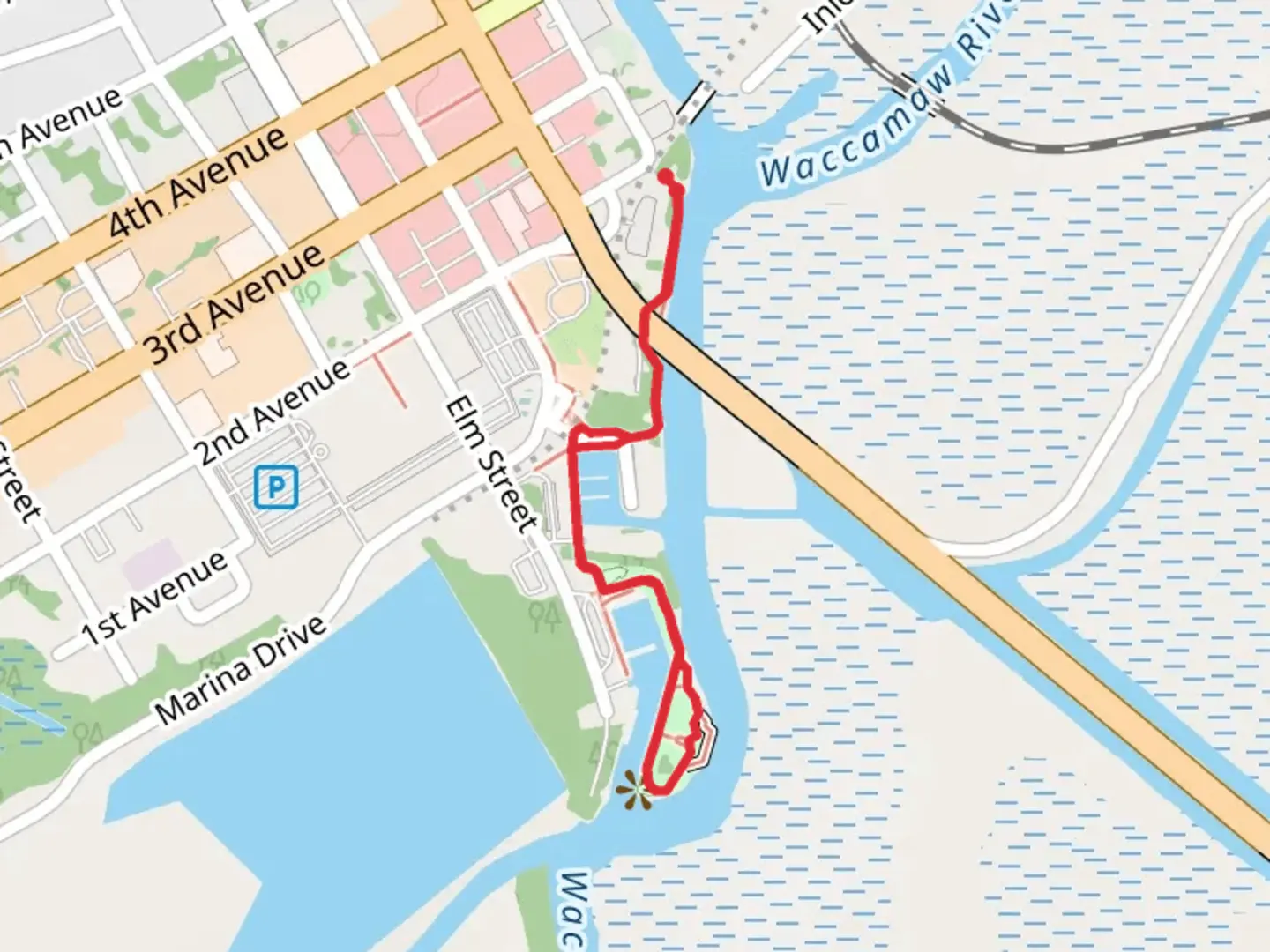 An image depicting the trail Riverwalk Park and Riverfront Gazebo Loop and its surrounding area.