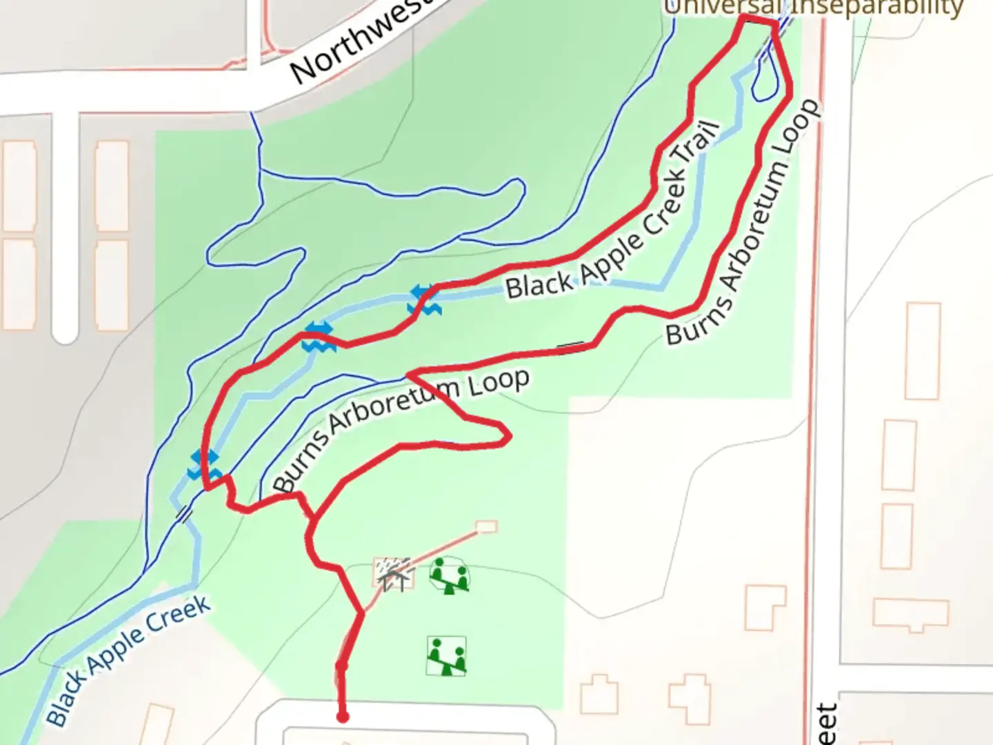 An image depicting the trail Black Apple Creek Trail and Burns Arboretum Loop and its surrounding area.