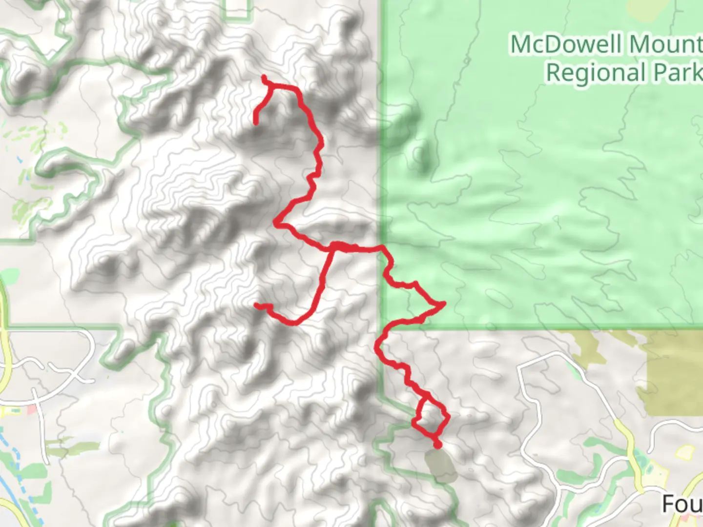 An image depicting the trail Thompson Peak, Tom's Thumb via East End Trail and Sonoran Trail and its surrounding area.