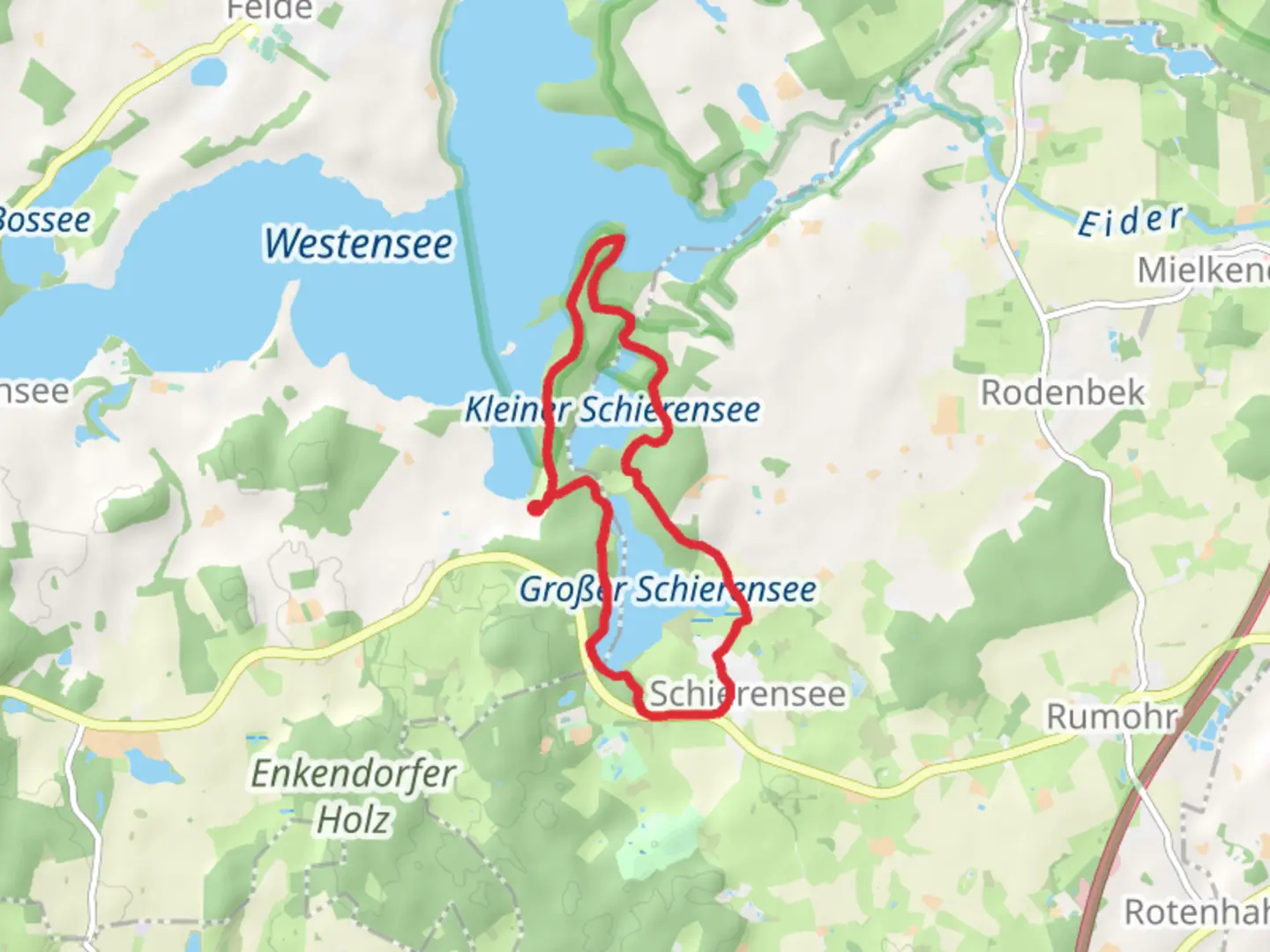 An image depicting the trail Großer Schierensee, Kleiner Schierensee and Hohburg Loop and its surrounding area.