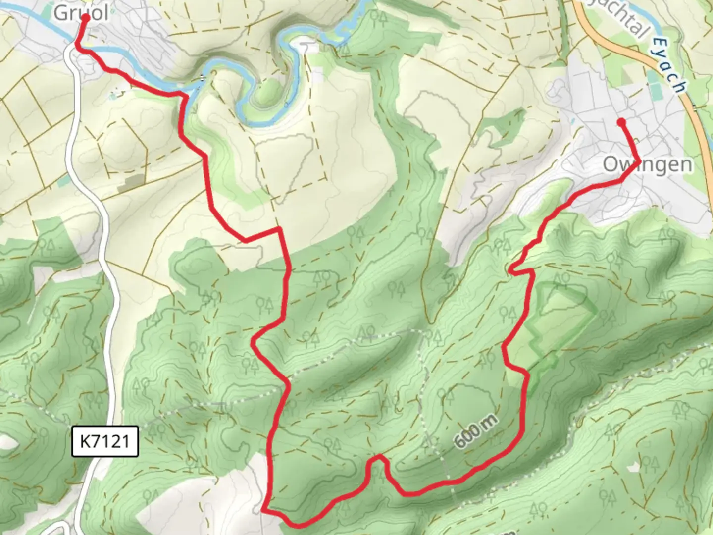 An image depicting the trail Gruol Schule to Owingen via Blaues Minus Owingen and its surrounding area.