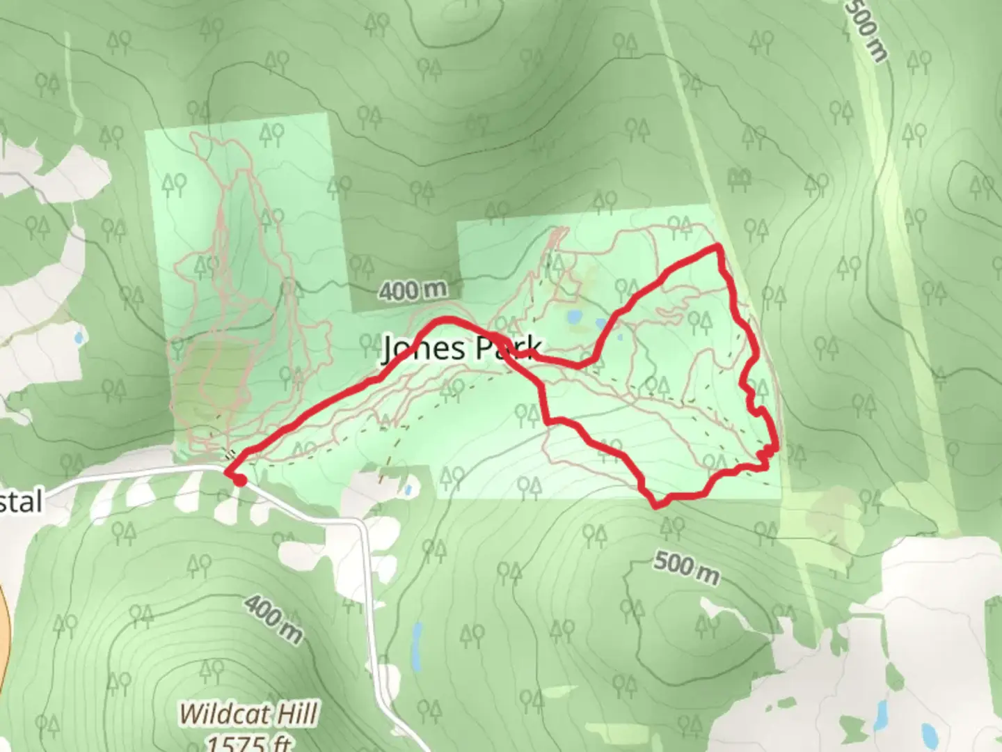 An image depicting the trail Orchard Hill Road and Outer Limits in Jones Park and its surrounding area.