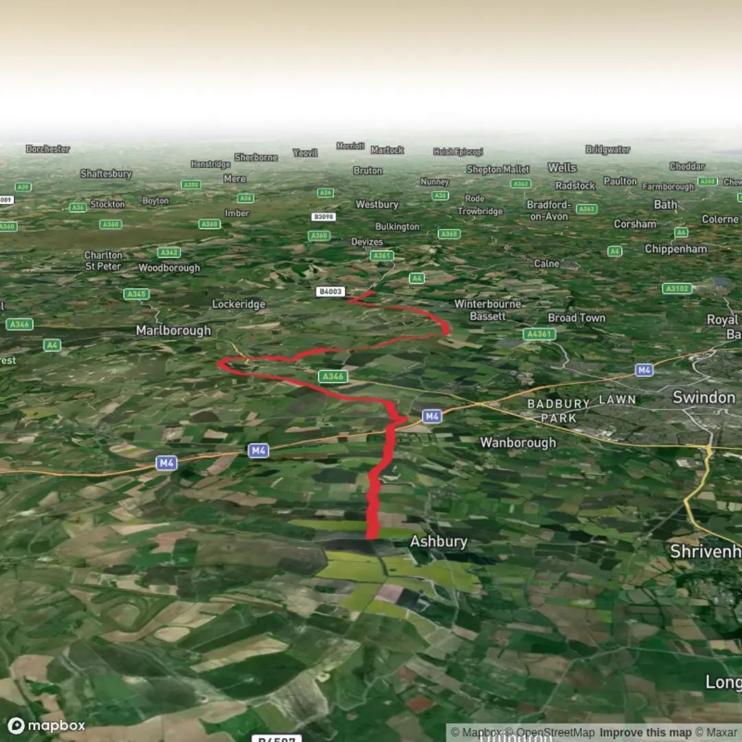 An image depicting the trail Avebury via Ridgeway and its surrounding area.