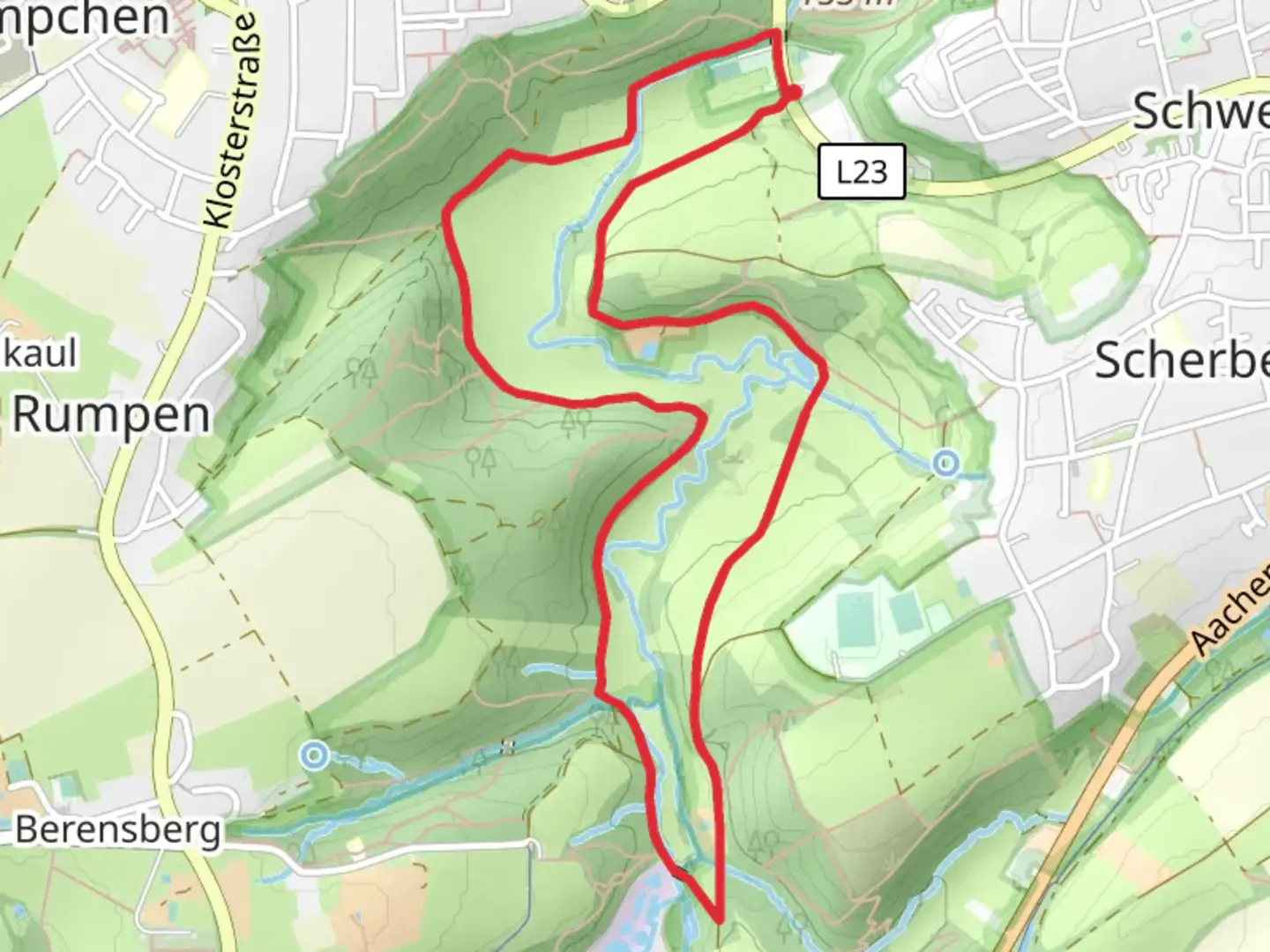 An image depicting the trail Scherberg and Kampchen Loop via Adamsmuhle and its surrounding area.