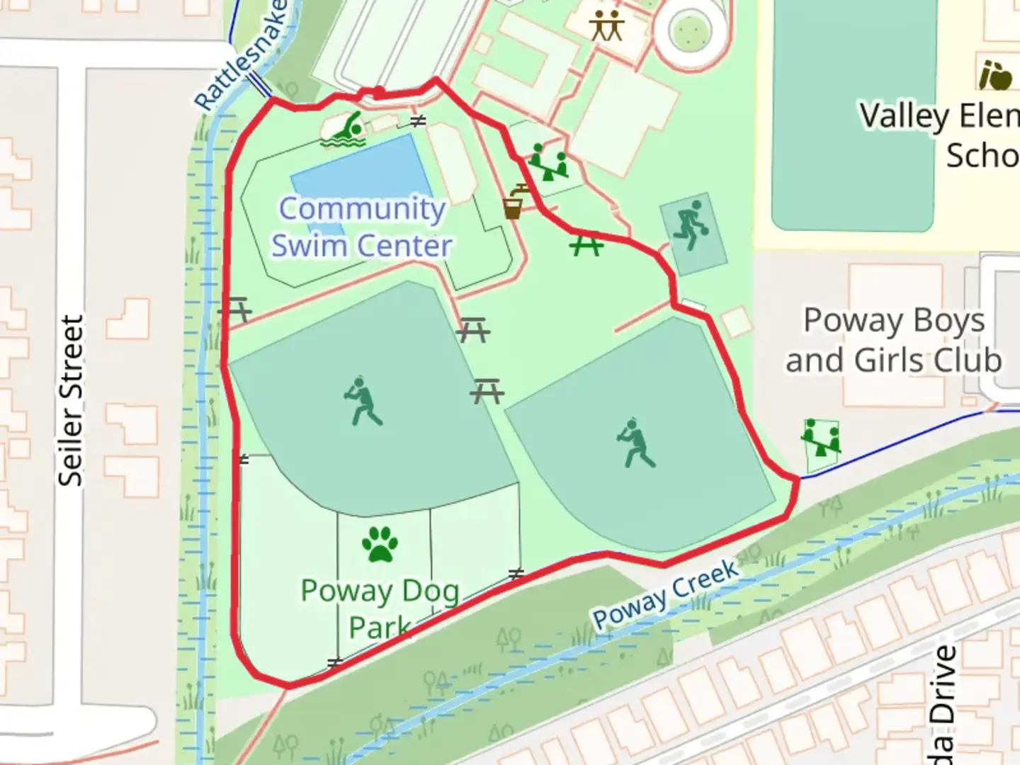 An image depicting the trail Poway Community Park Loop and its surrounding area.
