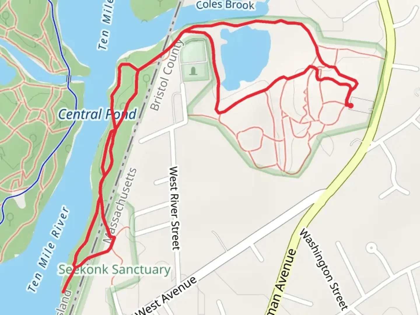 An image depicting the trail Holy Ghost Cemetery and Central Pond Loop Trail and its surrounding area.