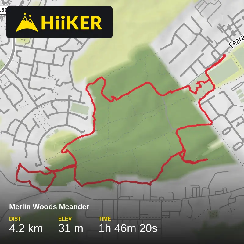 A map preview of the recording Merlin Woods Meander.