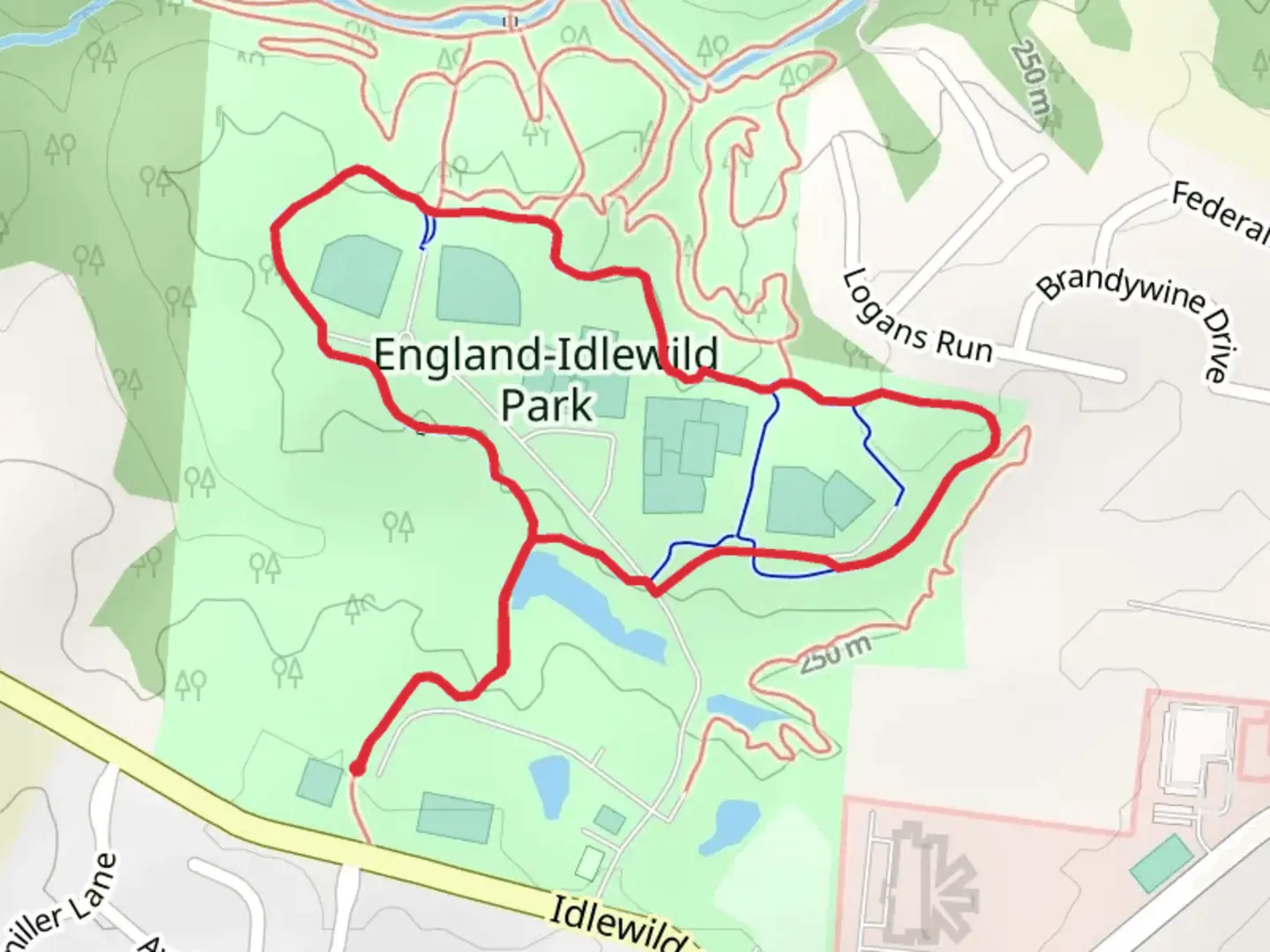 An image depicting the trail England-Idlewild Park Loop and its surrounding area.