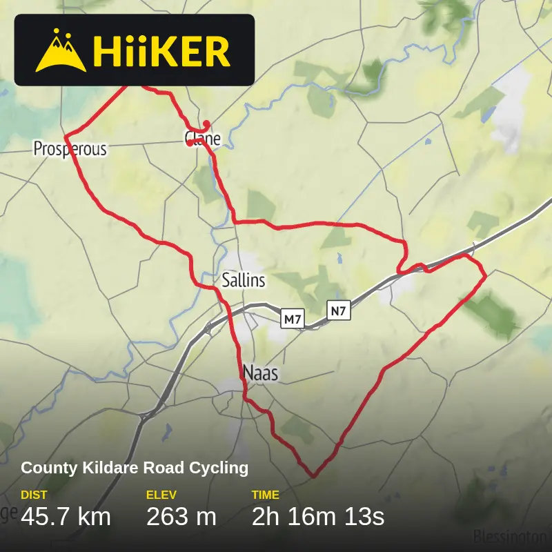 A map preview of the recording County Kildare Road Cycling.