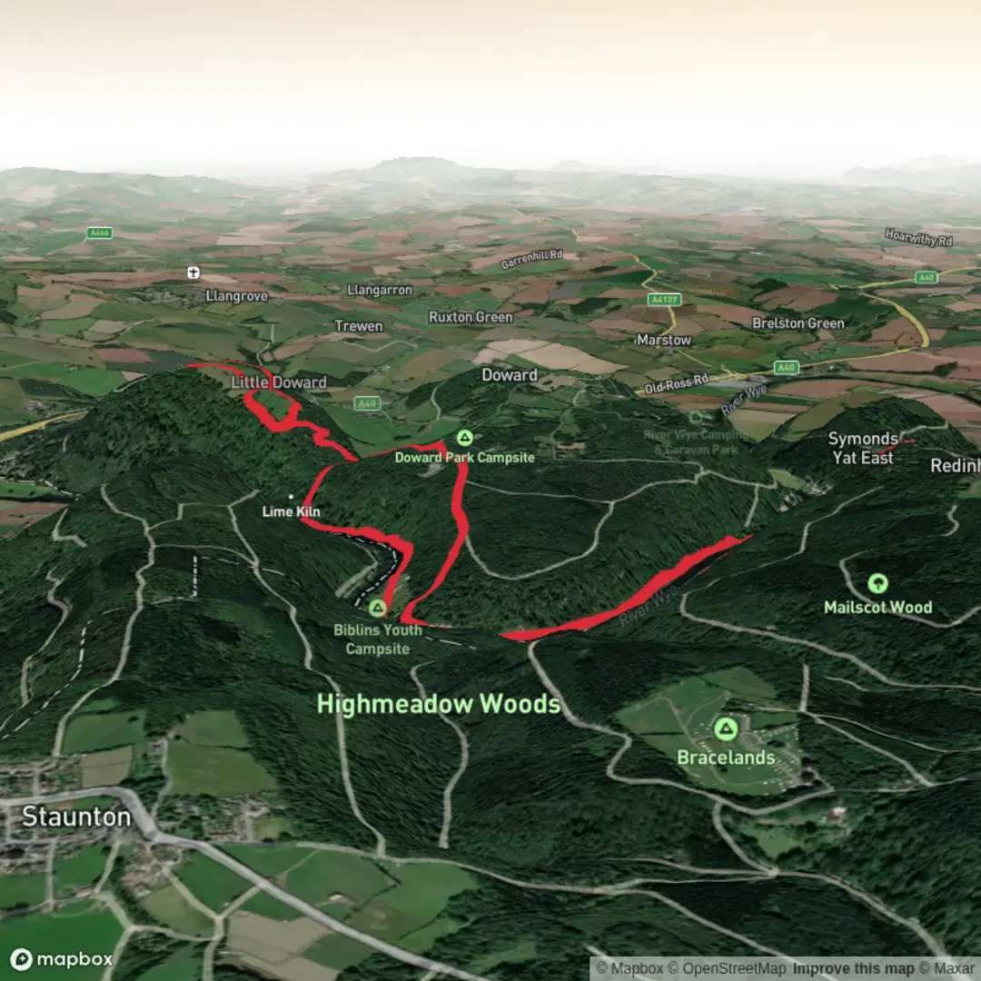 An image depicting the trail Symonds Yat Rock and King Arthur’s Cave from Biblins Campsite and its surrounding area.