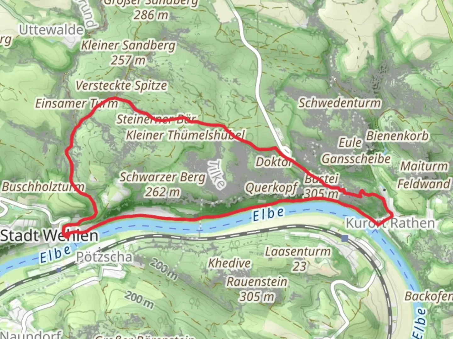 An image depicting the trail Basteirundweg and Elbpromenade Loop and its surrounding area.