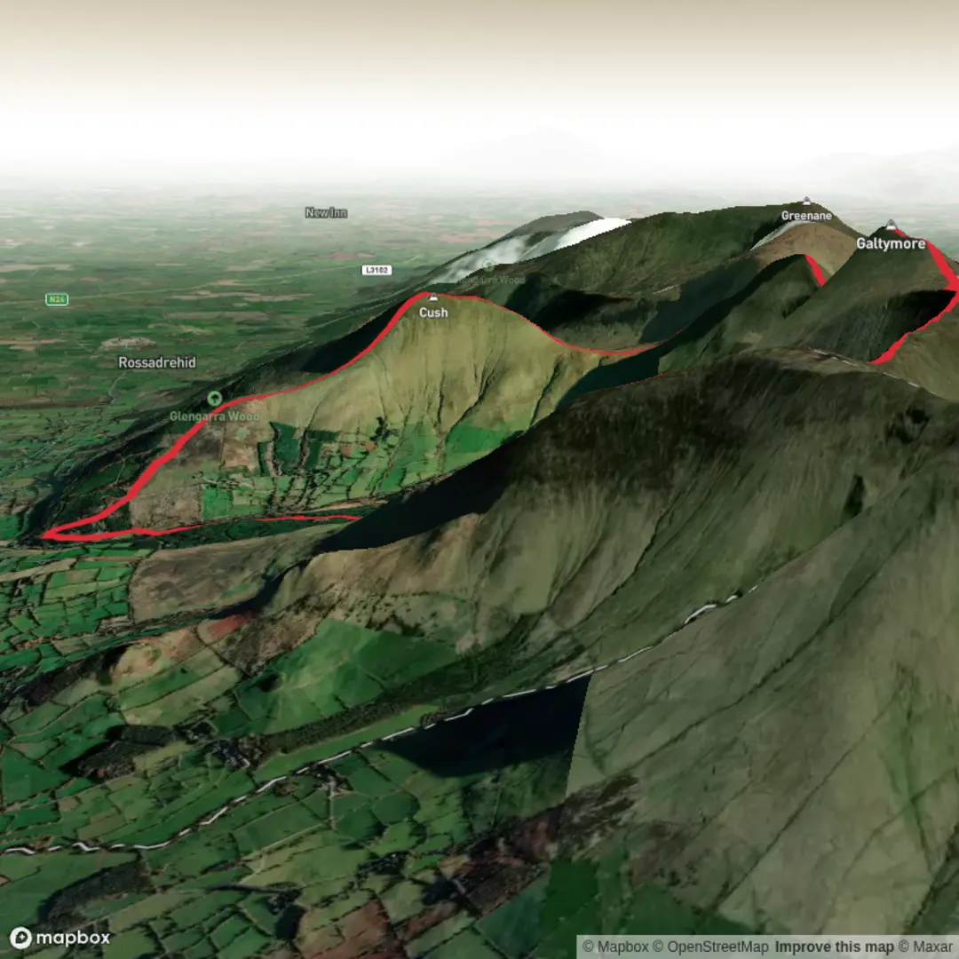 An image depicting the trail Galtymore, Galtybeg and Cush loop and its surrounding area.