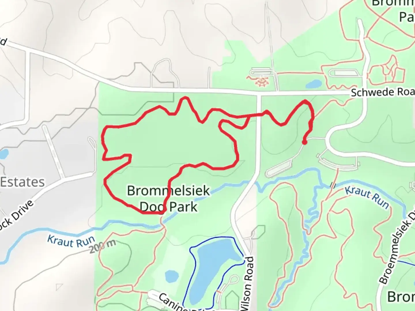 An image depicting the trail Brommelsiek Dog Park Loop and its surrounding area.