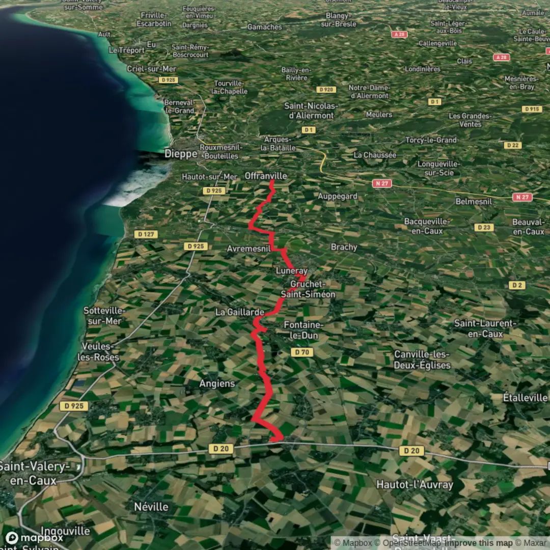 An image depicting the trail 490 Route du Moret - St Colume a Dieppe and its surrounding area.