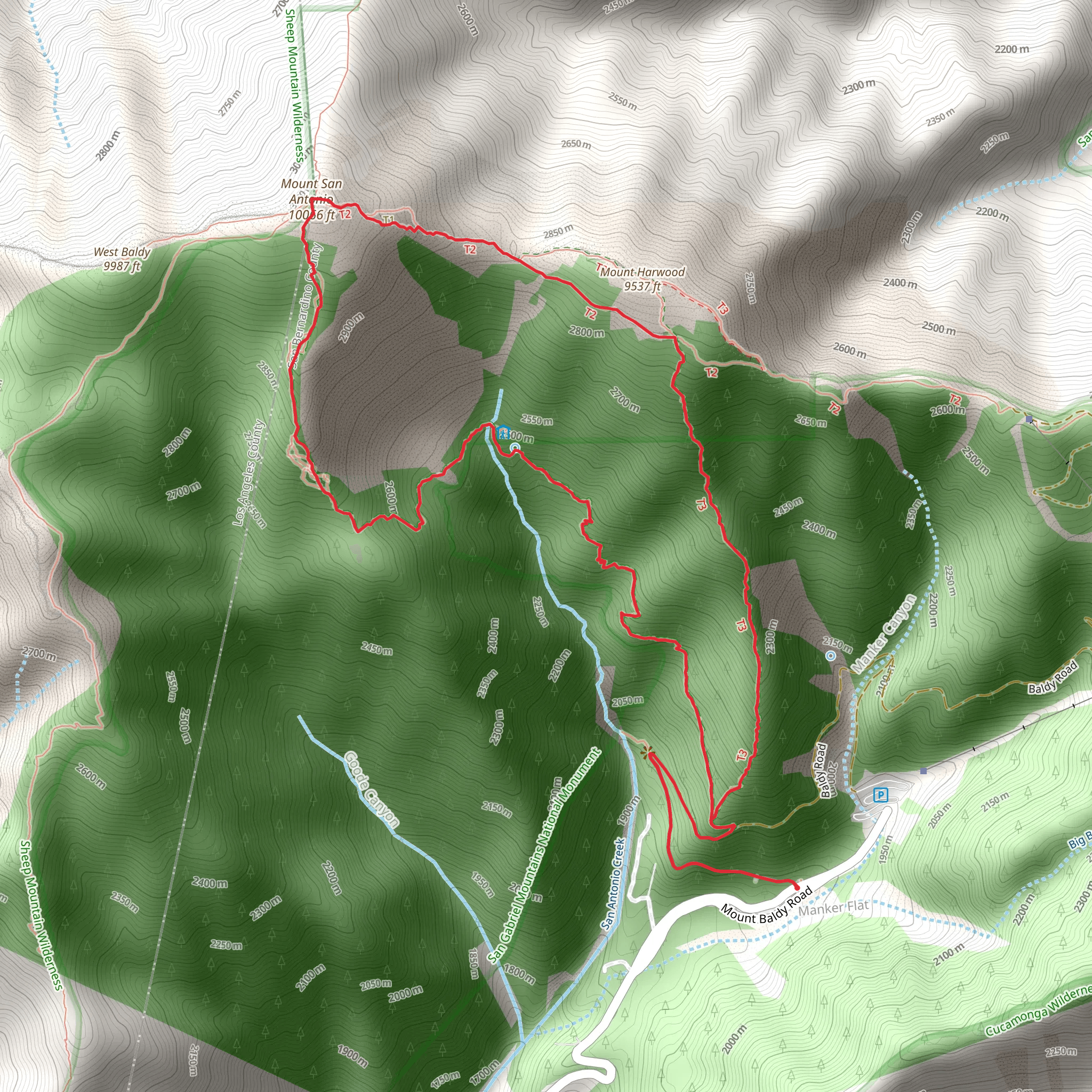 Register Ridge, Mount San Antonio and Baldy Bowl Loop Trail mobile static map