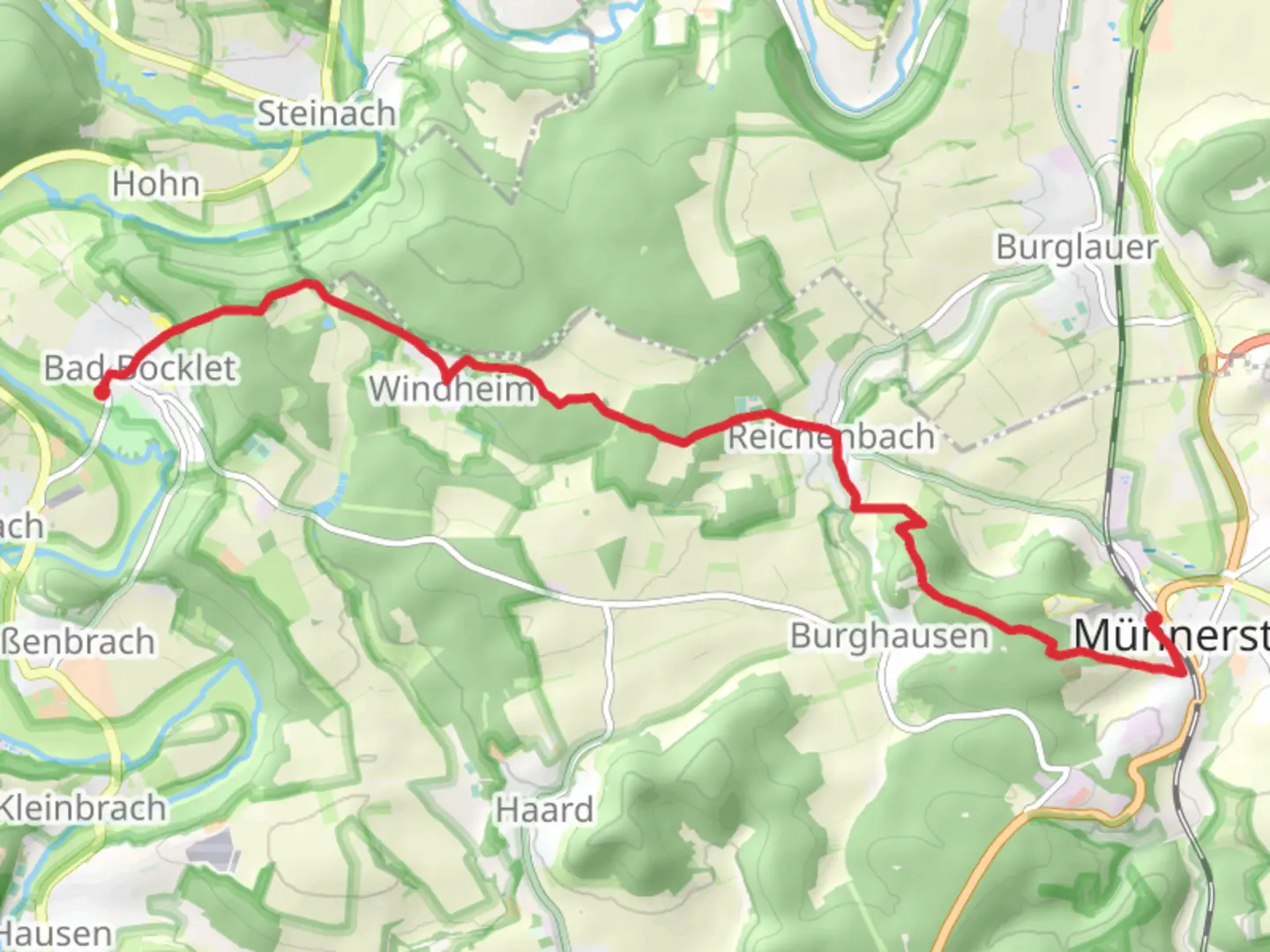 An image depicting the trail Bad Bocklet to Muennerstadt via Karolingerweg Variante Ueber Muennerstadt and its surrounding area.