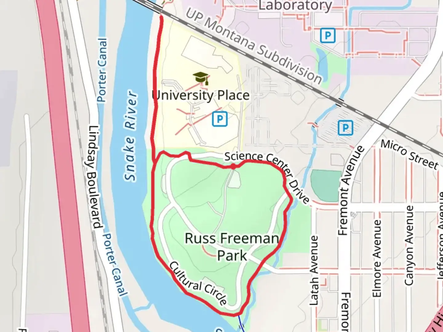 An image depicting the trail Snake River Path and Freeman Loop and its surrounding area.