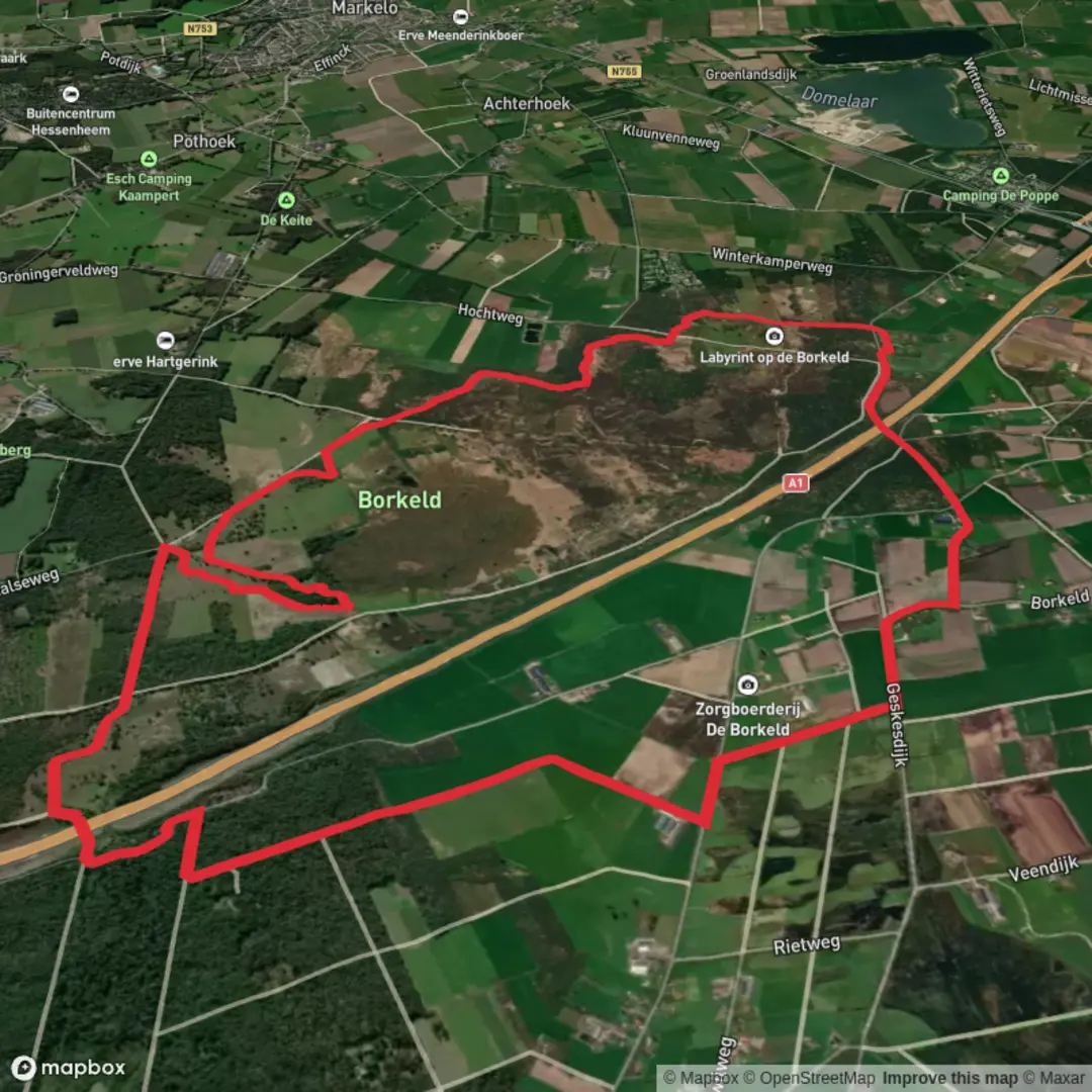 An image depicting the trail Schaapskooi and De Borkeld Loop and its surrounding area.