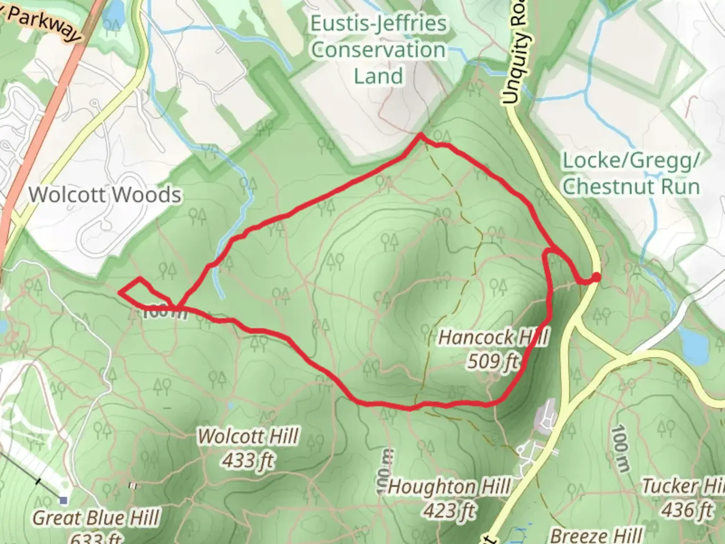 An image depicting the trail Wolcott Path and Chestnut Run Path Loop and its surrounding area.