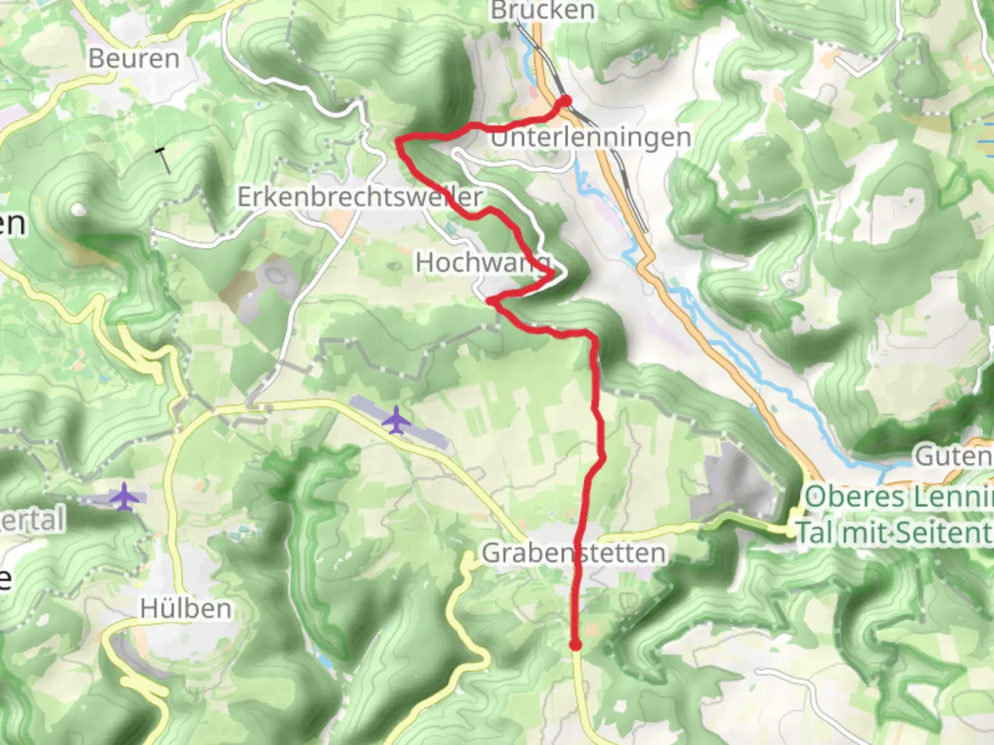 An image depicting the trail Unterlenningen to Heidengraben via Eibereschweg and its surrounding area.