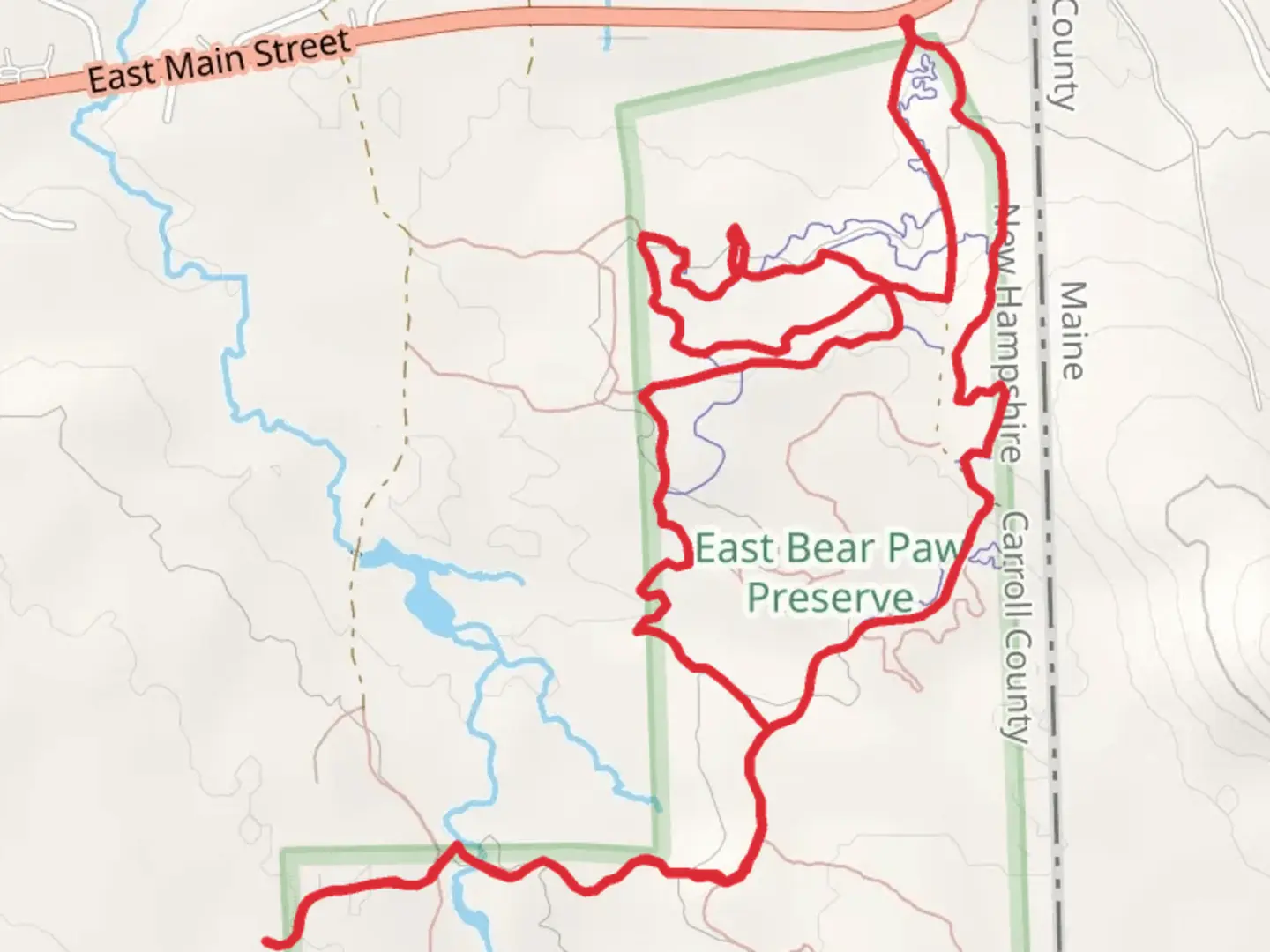 An image depicting the trail Seven - Bridges and Four - Middle Earth Loop from East Main Street and its surrounding area.