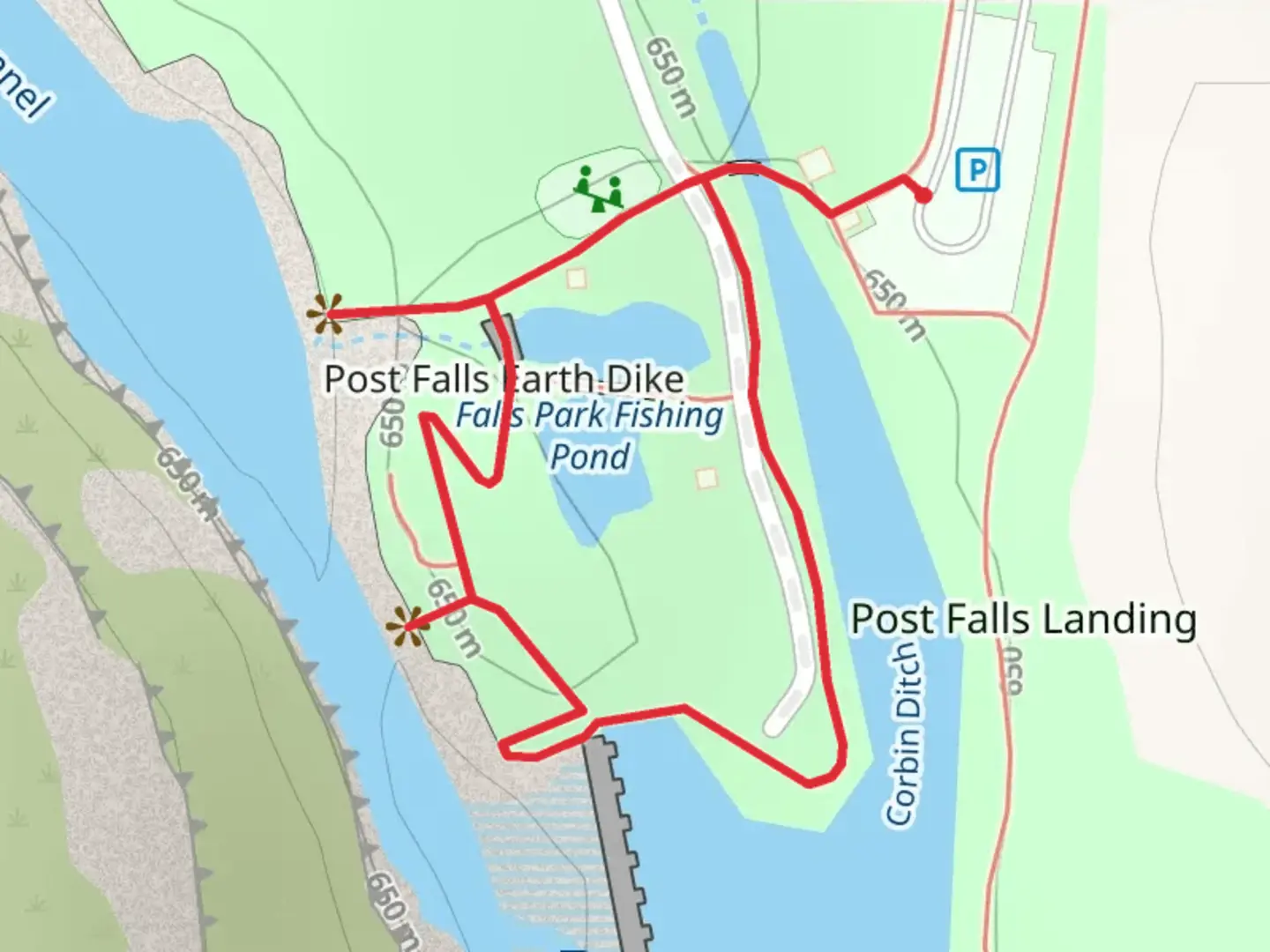 An image depicting the trail Falls Park Fishing Pond Loop and its surrounding area.