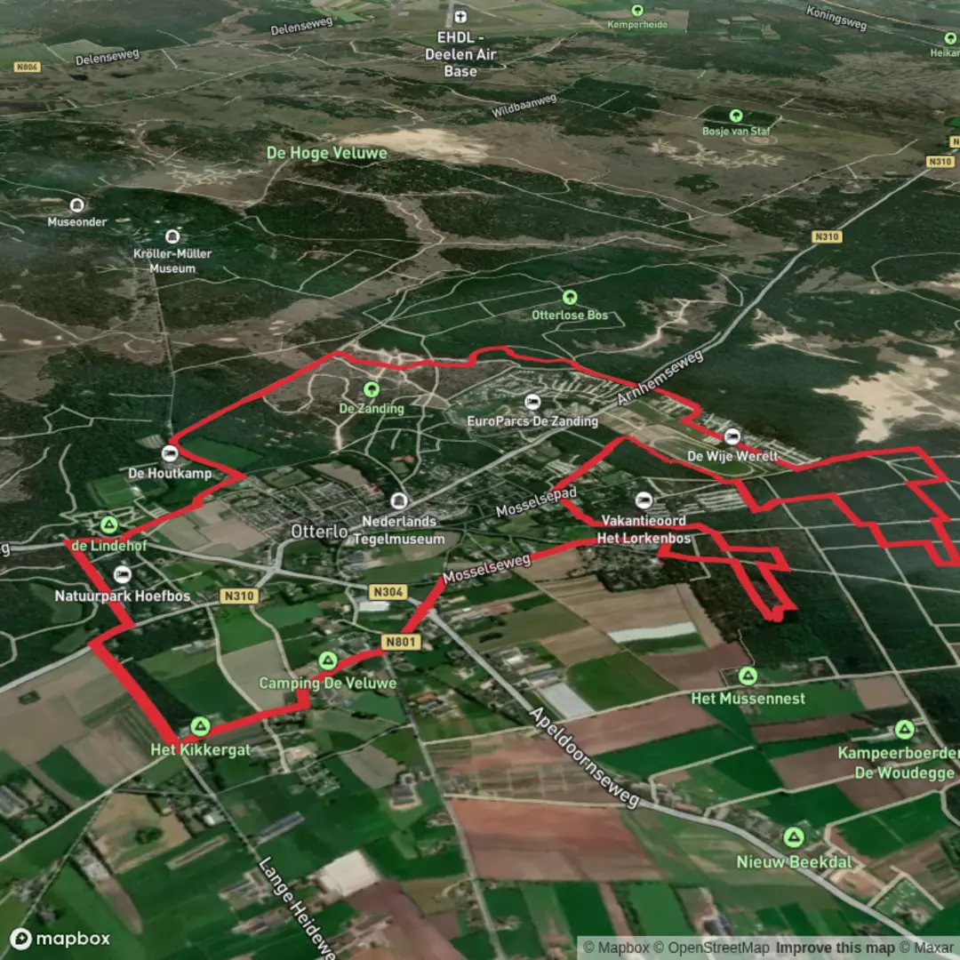 An image depicting the trail Otterlo, Bungalow park and Roekelse Bos Loop and its surrounding area.