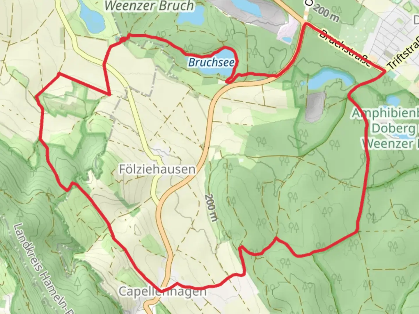 An image depicting the trail Bruchsee via Wiesenweg Foelziehausen and its surrounding area.