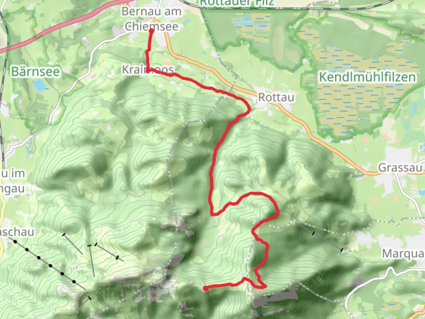 An image depicting the trail Piesenhauser Hochalm to Bernau am Chiemsee walk via Haberspitz and its surrounding area.